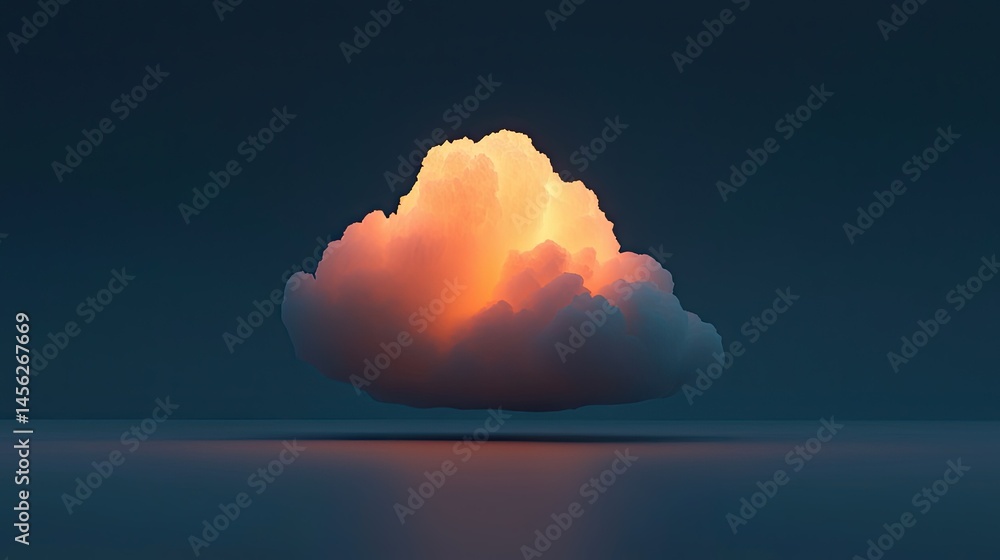 Poster illuminated cloud is suspended above a reflective surface against a dark backdrop