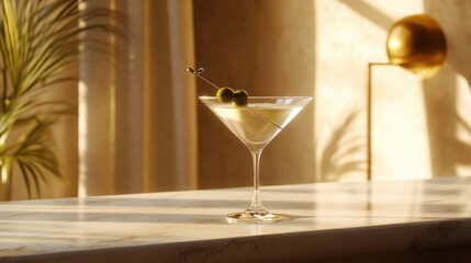 Realistic martini glass with a clear cocktail and two green olives on a pick, placed on a marble bar counter with soft lighting