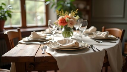 Elegant Table Setting for a Meal with Floral Centerpiece, Fine Plates, Glassware and Silverware