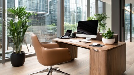 Modern Office Desk Arrangement Featuring Plants And Electronic Devices