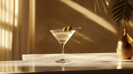 Realistic martini glass with a clear cocktail and two green olives on a pick, placed on a marble bar counter with soft lighting