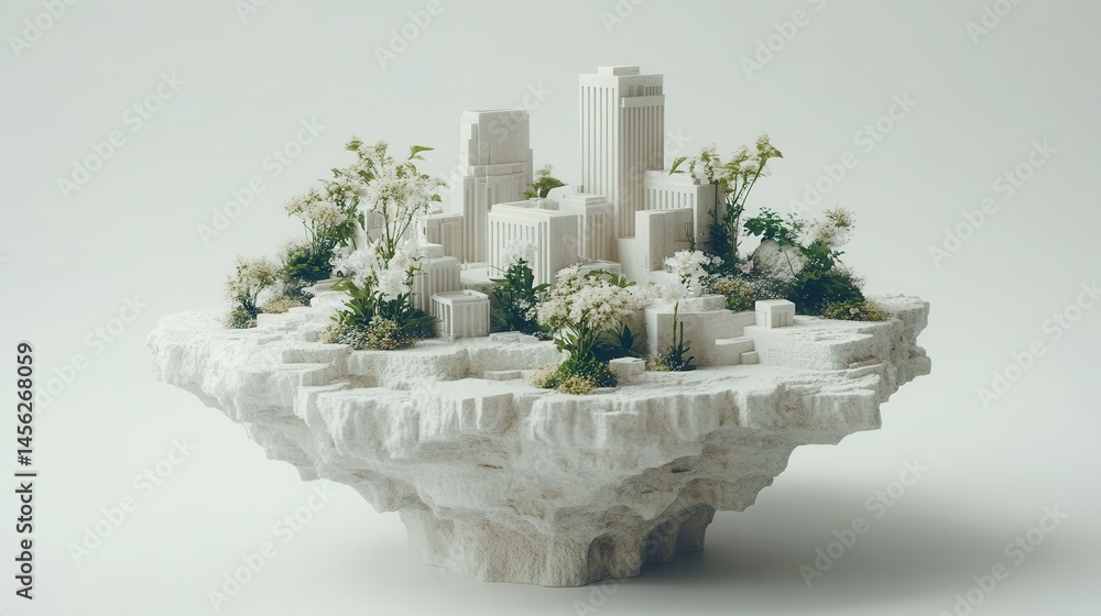 Poster floating metropolis architecture adorned with elegant floral details delicate textures and soft natu