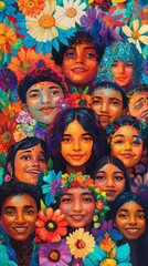 Naklejka premium A vibrant digital painting depicts a diverse group of happy people with colorful flowers, creating a lively and cheerful atmosphere with depth and energy.