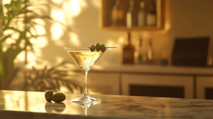 Realistic martini glass with a clear cocktail and two green olives on a pick, placed on a marble bar counter with soft lighting