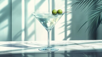 Realistic martini glass with a clear cocktail and two green olives on a pick, placed on a marble bar counter with soft lighting