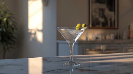 Realistic martini glass with a clear cocktail and two green olives on a pick, placed on a marble bar counter with soft lighting