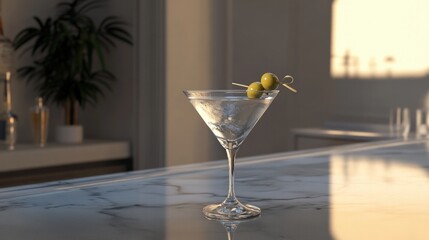 Realistic martini glass with a clear cocktail and two green olives on a pick, placed on a marble bar counter with soft lighting