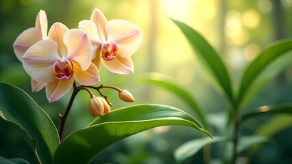 Obraz premium Close-up of delicate pastel orchid blossoms with vibrant green leaves in a soft garden setting