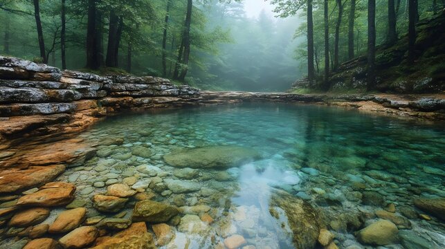 A breathtaking natural pool, surrounded by lush green forest and rocky banks, serene and clear.