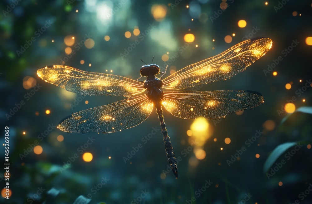 Poster glowing dragonfly with sparkling wings surrounded by ethereal light in serene nature setting
