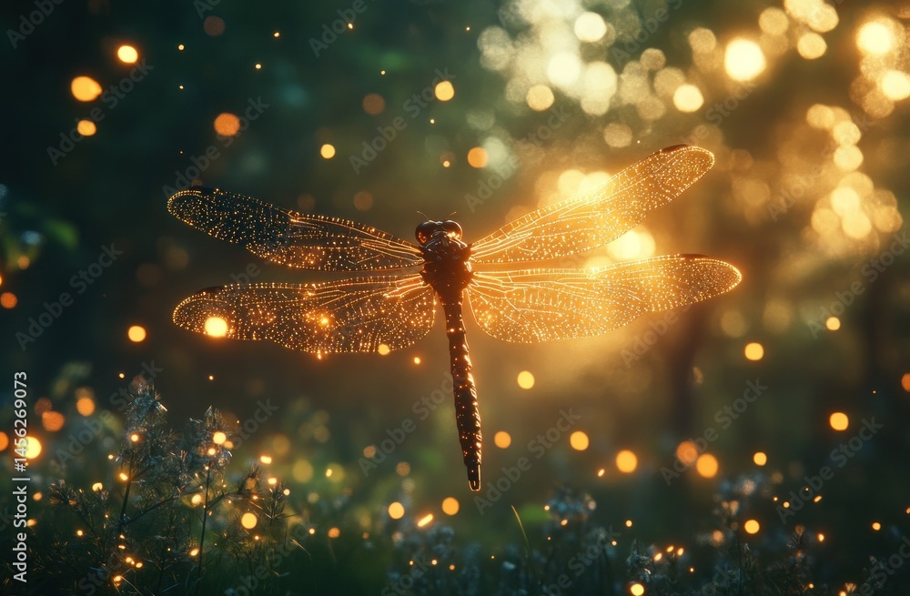 Poster enchanting dragonfly illuminated by soft glowing lights in a magical forest setting
