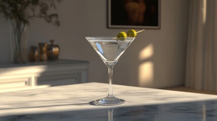Realistic martini glass with a clear cocktail and two green olives on a pick, placed on a marble bar counter with soft lighting
