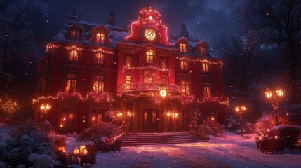 Fototapeta premium Enchanting winter night landscape adorned with illuminated mansion glistening beneath snowfall adding fairytale charm and festive ambiance
