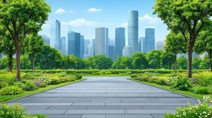 Obraz premium Urban serenity pathway through lush greenery leading to modern city skyline offering a tranquil escape within metropolitan landscape