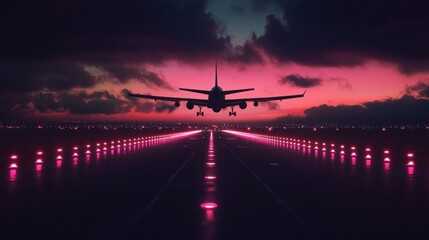 Runway lights at dusk with airplane silhouette taking off in the background, cinematic atmosphere