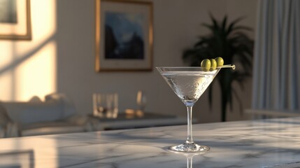 Realistic martini glass with a clear cocktail and two green olives on a pick, placed on a marble bar counter with soft lighting