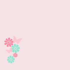 Obraz premium Soft pink background with delicate pastel flowers arranged in the corner. Minimal feminine design with copy space, ideal for invitations, greeting cards, weddings, and spring branding.