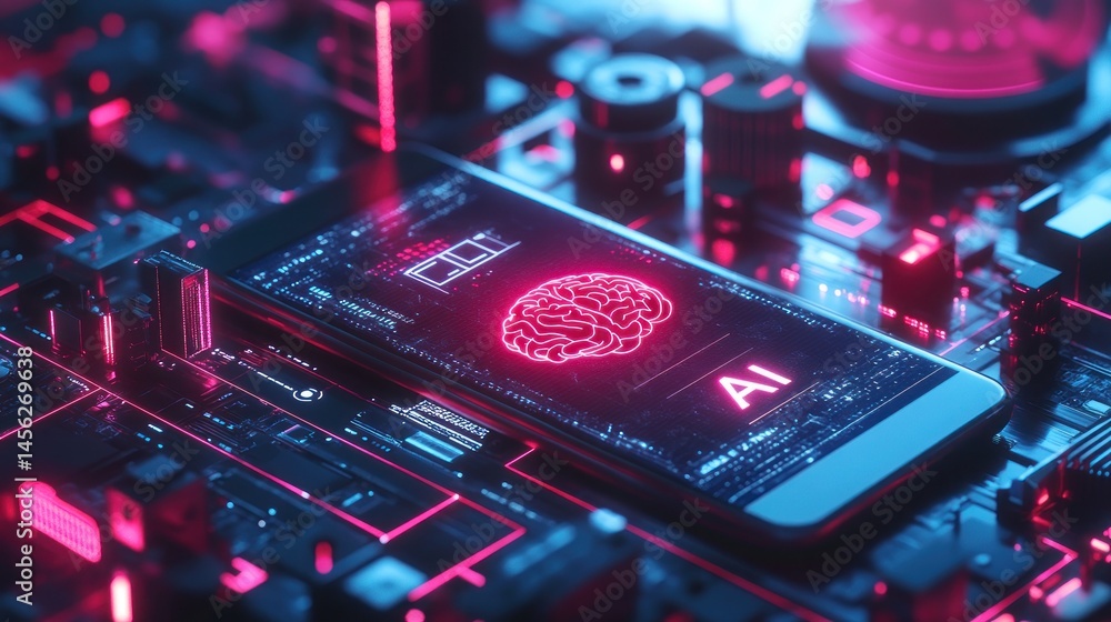 Poster futuristic smartphone with ai brain visualization on a circuit board in neon colors