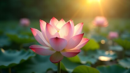 Obraz premium Captivating Pink Lotus Bloom in Serene Pond at Sunset