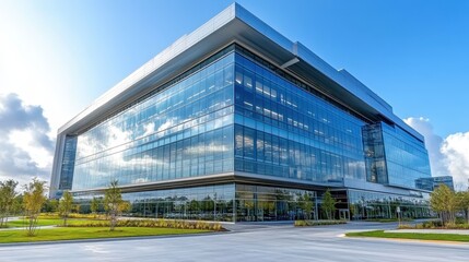 Contemporary Glass Facade Office Building with Reflective Sky in a Modern Urban Landscape offering architectural appeal