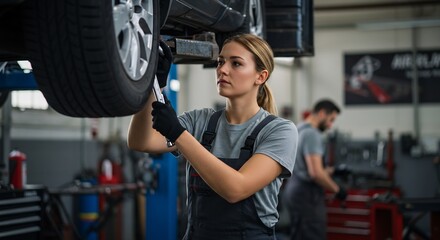 Female Mechanic Working on Car Wheel in Auto Repair Shop
