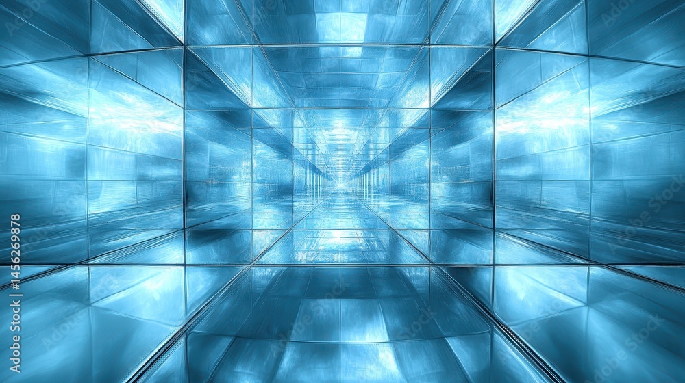 Poster futuristic geometric tunnel in cyan tones with a vanishing point perspective creating an immersive a