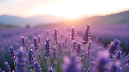 Naklejka premium Lavender field at sunset with mountains in the background. Purple flowers at golden hour in summer.