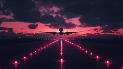 Runway lights at dusk with airplane silhouette taking off in the background, cinematic atmosphere 