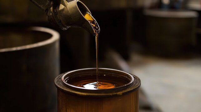 Metal spigot dripping oil into large measuring container with graduated markings