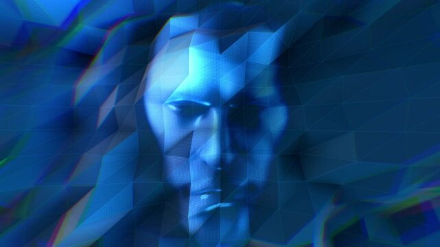 An undulating and pulsating looping background in a 3D polygon style featuring a strange AI face.