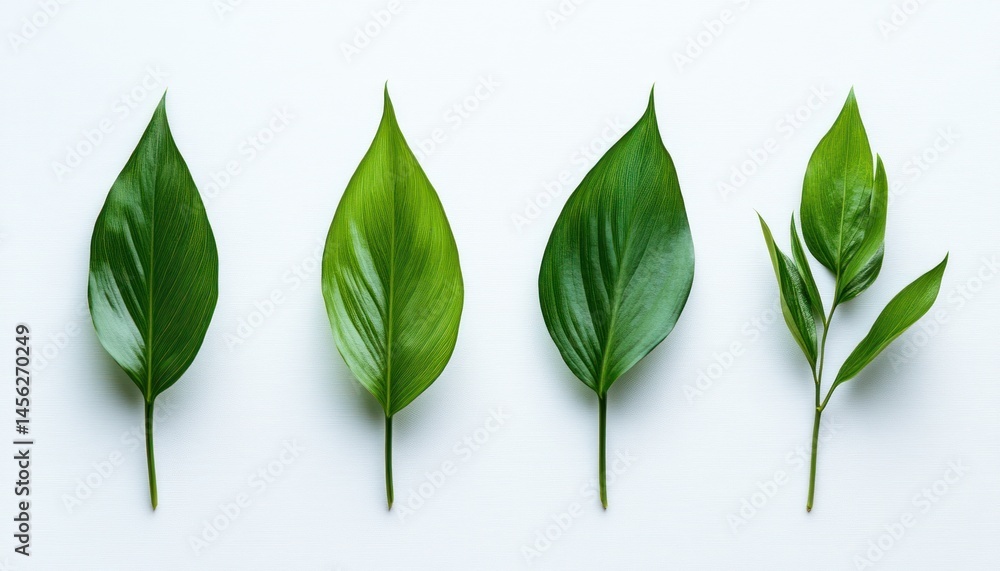 Poster various green leaves on light background displaying different shapes and textures for creative desig