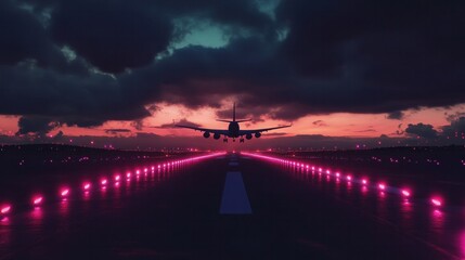 Runway lights at dusk with airplane silhouette taking off in the background, cinematic atmosphere 