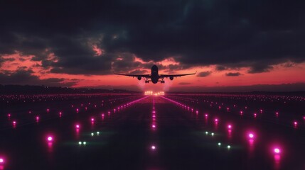 Runway lights at dusk with airplane silhouette taking off in the background, cinematic atmosphere 