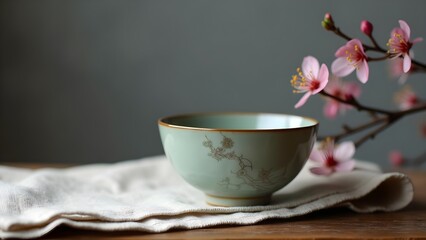 Fototapeta premium Elegant Ceramic Tea Bowl with Floral Accents and Blossoms on a Wooden Table