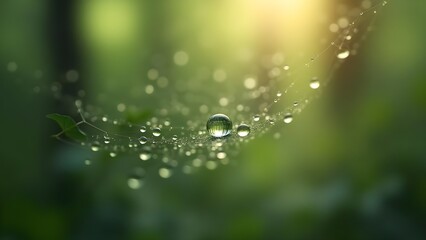 Naklejka premium Morning Dew: Water Droplets on a Spiderweb in a Lush, Green Setting