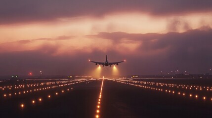 Runway lights at dusk with airplane silhouette taking off in the background, cinematic atmosphere 
