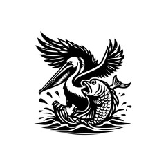 Obraz premium Black and white illustration of a pelican catching fish with dramatic water splashes in dynamic wildlife scene 