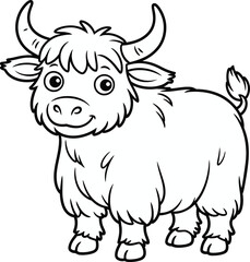 Happy Highland Cow Coloring Page Cartoon Line Art Vector