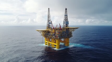 Offshore oil drilling platform with support beams and helipad in middle of ocean