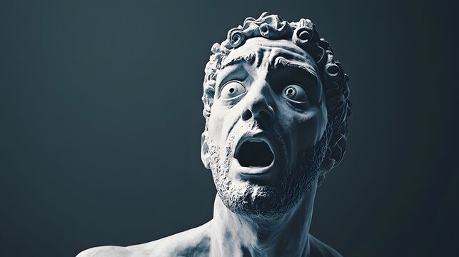 A dramatic sculpted head of a man in distress.