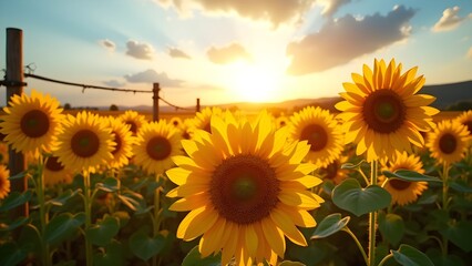 Fototapeta premium Radiant Sunflowers in a Golden Field at Sunset: A Breathtaking Natural Landscape