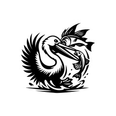 Fototapeta premium Black and white illustration of a pelican catching fish with dramatic water splashes in dynamic wildlife scene 