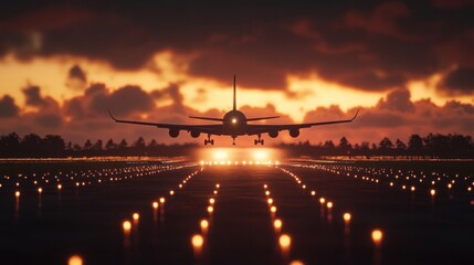 Runway lights at dusk with airplane silhouette taking off in the background, cinematic atmosphere 