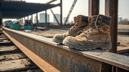 Construction Boots on Steel Beam Close-up, Worn Leather, Industrial Site, Construction Safety Construction boots, safety, industrial