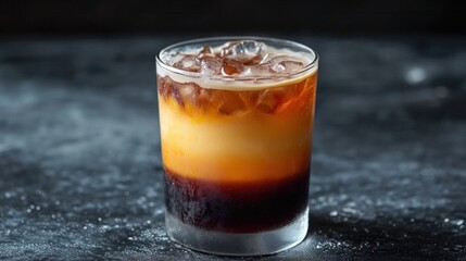 Side view of a gradient iced Americano showing espresso floating on top of cold water and ice 