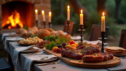 Naklejka premium Dinner feast with grilled steak, bread, and vegetables by candlelight near a fireplace at outdoor garden.
