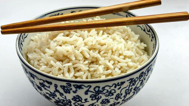 Close-up of a bowl filled with steaming hot rice and a pair of chopsticks resting on the edge, minimalistic composition on a neutral background