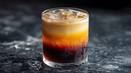 Side view of a gradient iced Americano showing espresso floating on top of cold water and ice 