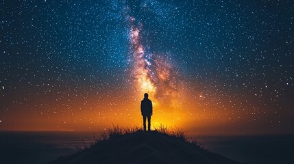 Fototapeta premium Silhouetted figure stands on a hilltop, gazing at a vibrant night sky filled with stars and the Milky Way