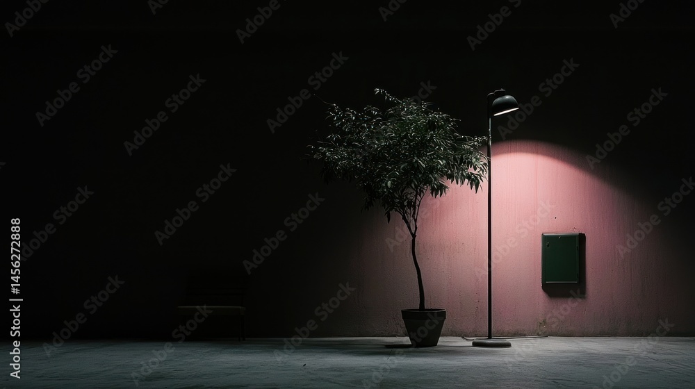 Poster a single potted tree illuminated by a standing lamp at night
